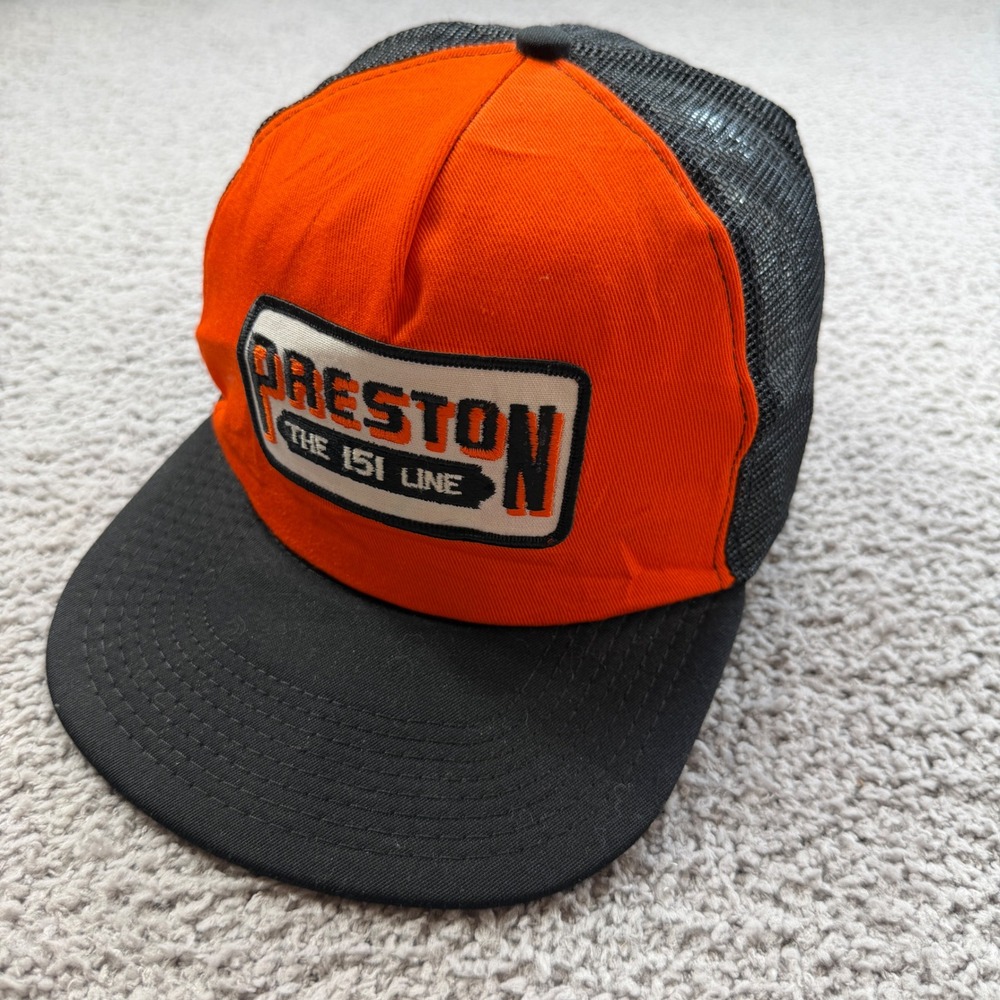 Vintage Preston Trucking Company The 151 Line Trucker Hat Orange Black 80s USA